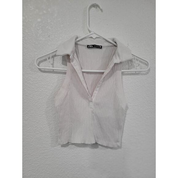 Zara Women's Ribbed Crop Collar V-Neck Tank‎ size Small #17 - Picture 1 of 4